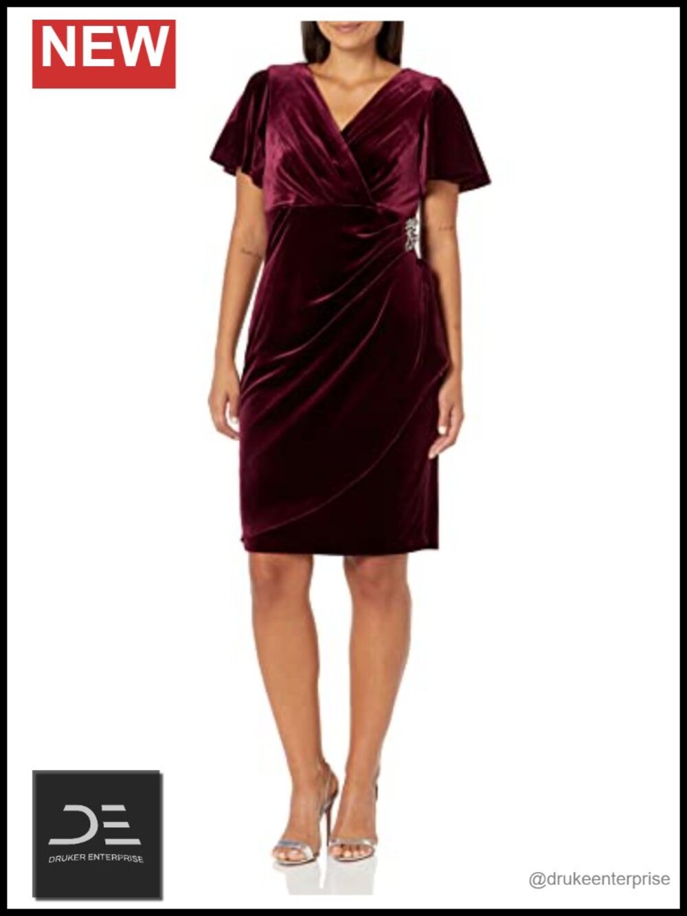 Velvet Cocktail Sheath Dress Flutter Sleeve V-Neck Wedding Guest Formal Evening
